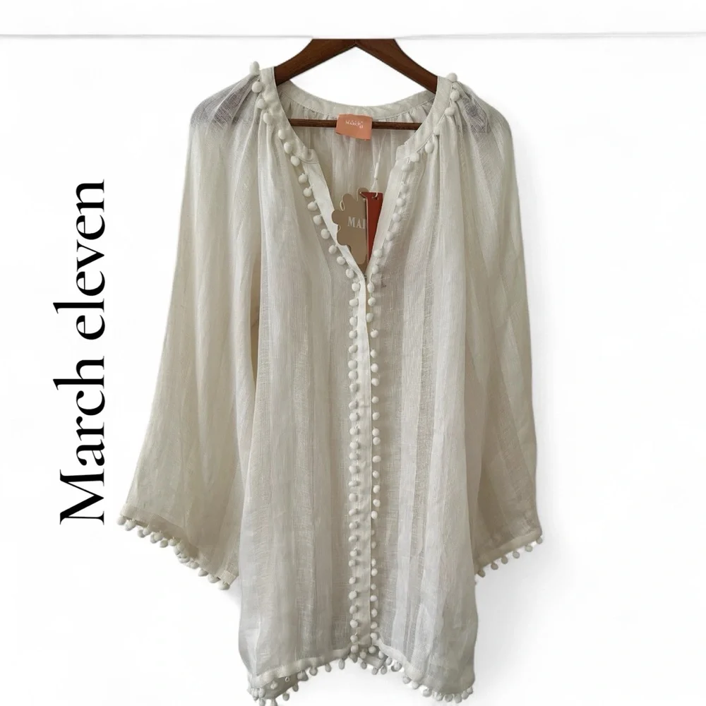 🆕Elegant White Pom-Pom Swim Cover-Up 100% linen - Picture 3 of 13